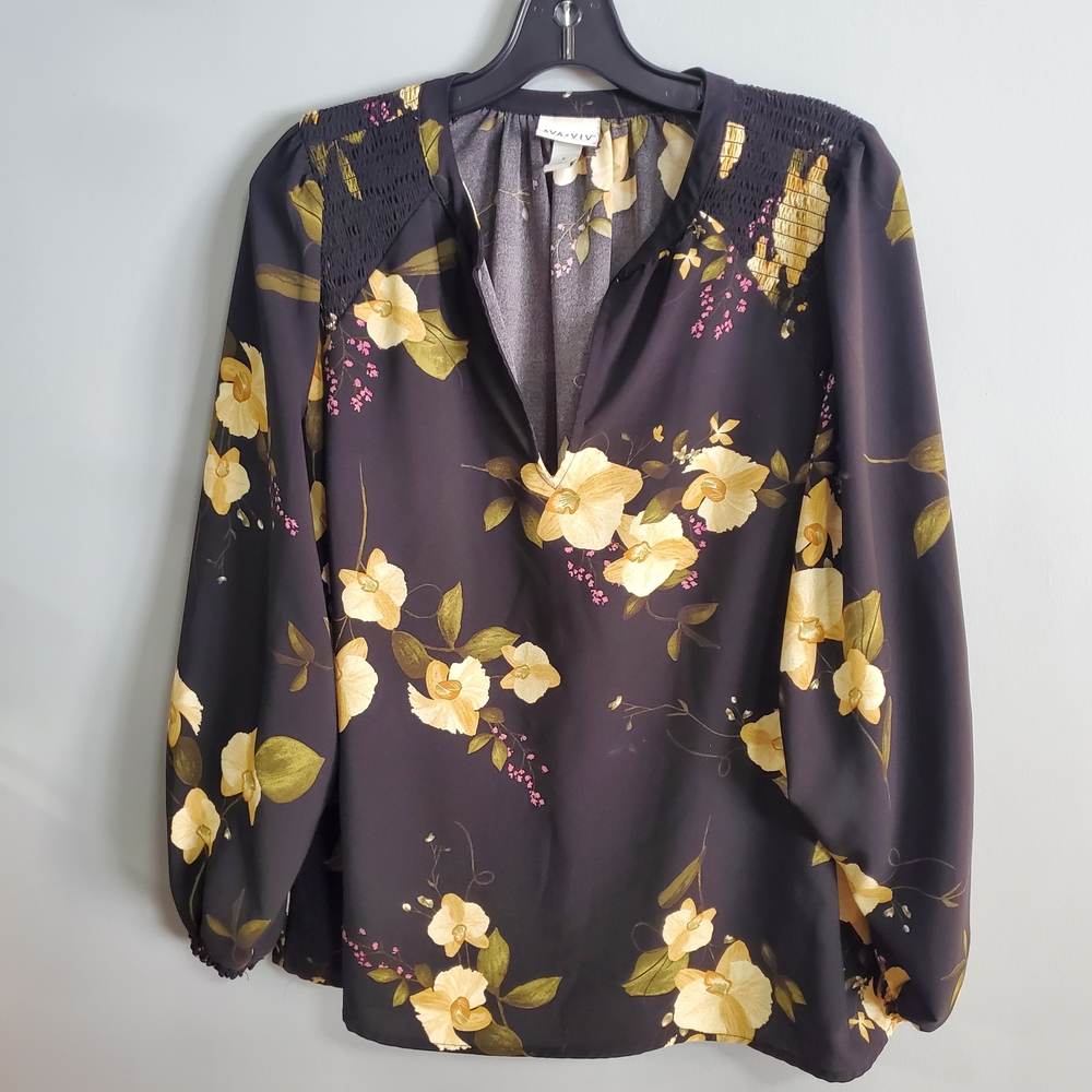 Ava & Viv Dark Floral Blouse with Yellow Accents